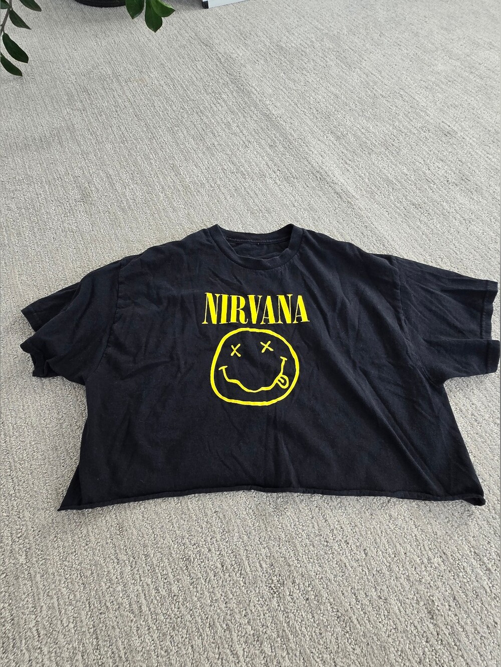 NIRVANA Black Tee with Yellow Smiley Logo Crop Oversized Boxy Fit